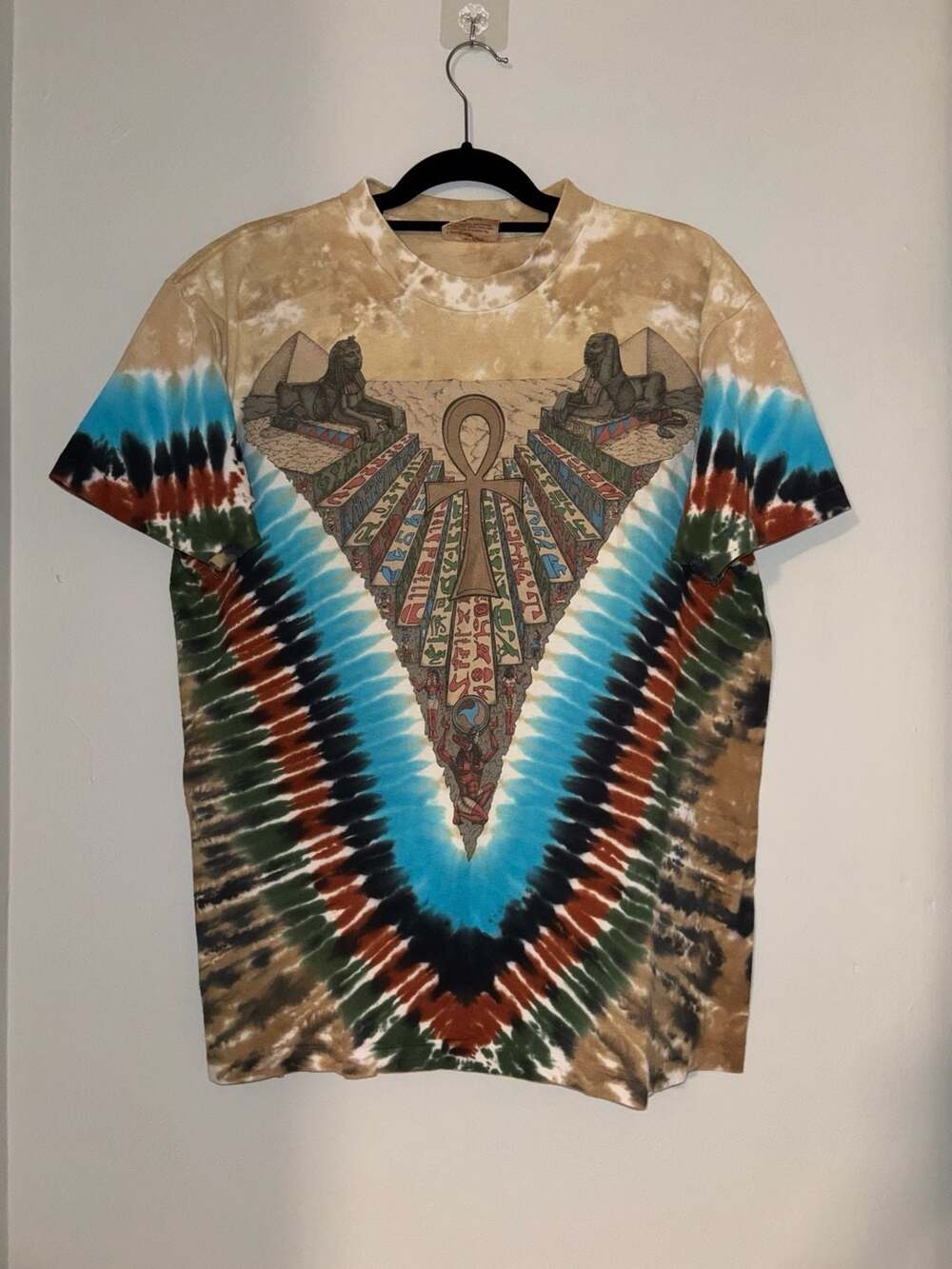 Vintage 90s Liquid Blue Egyptian Sphinx All-Over Print Tie-Dye T-Shirt